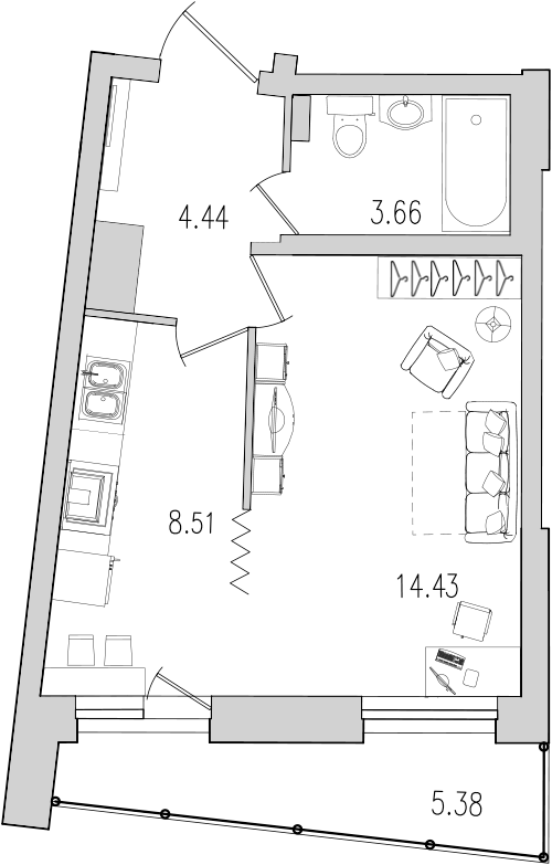 Продажа 1-комнатной квартиры 36.7 м2, 7/22 этаж, ЖК «Байрон» - план-схема
