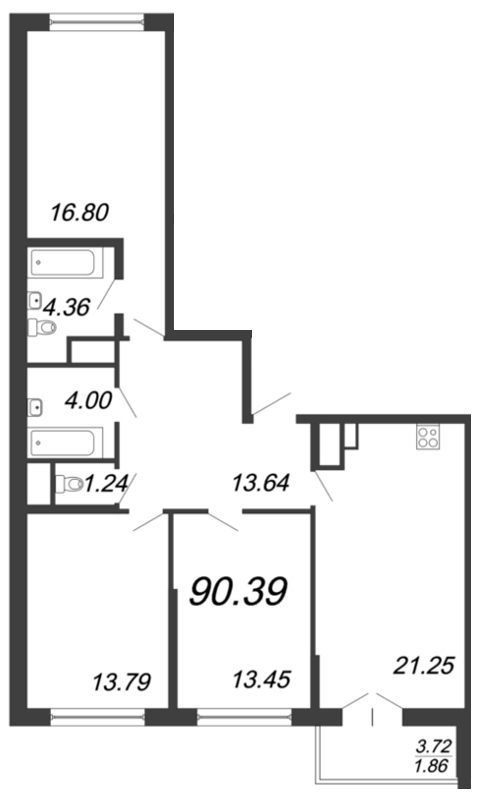 Продажа 4-комнатной (Евро) квартиры 90.39 м2, 9/18 этаж в ЖК «Колумб» - план-схема