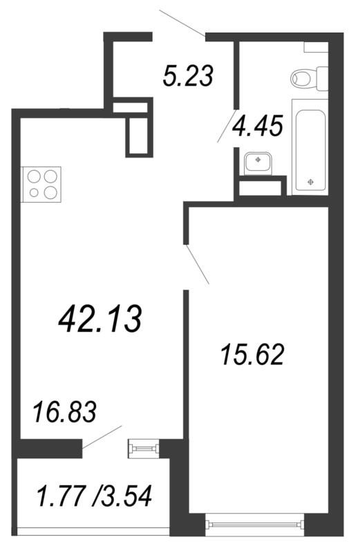 Продажа 2-комнатной (Евро) квартиры 42.13 м2, 12/14 этаж, ЖК «Чёрная речка» - план-схема