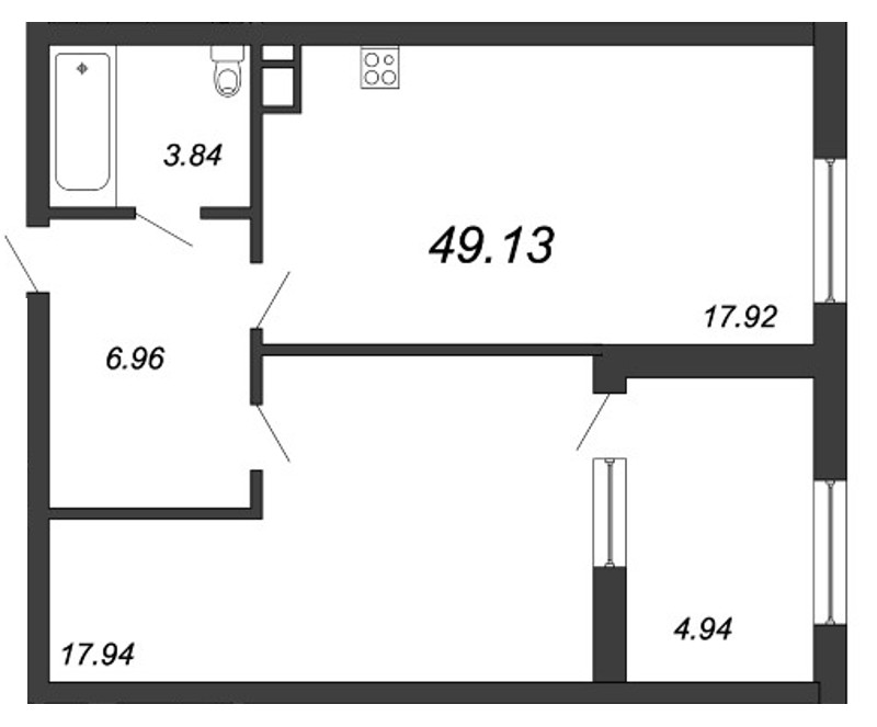 Продажа 1-комнатной квартиры 49.6 м2, 3/9 этаж, ЖК «Петровская Доминанта» - план-схема