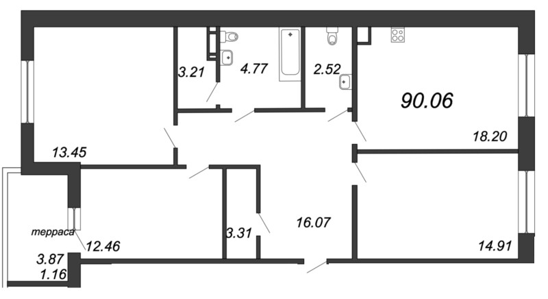 Продажа 3-комнатной квартиры 90.06 м2, 12/12 этаж, ЖК «Ariosto» - план-схема
