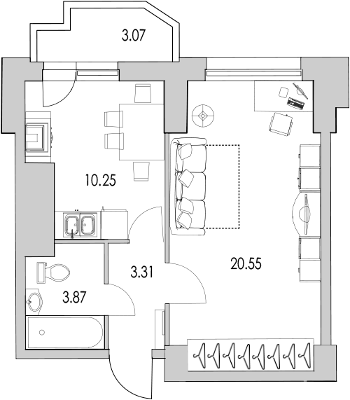 Продажа 1-комнатной квартиры 42.3 м2, 19/27 этаж, ЖК «Байрон» - план-схема