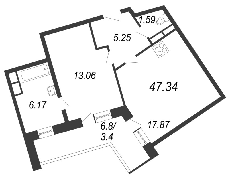 Продажа 2-комнатной (Евро) квартиры 47.34 м2, 12/12 этаж, ЖК «Ariosto» - план-схема