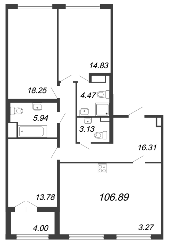 Продажа 4-комнатной (Евро) квартиры 106.7 м2, 1/8 этаж, ЖК «The One» - план-схема