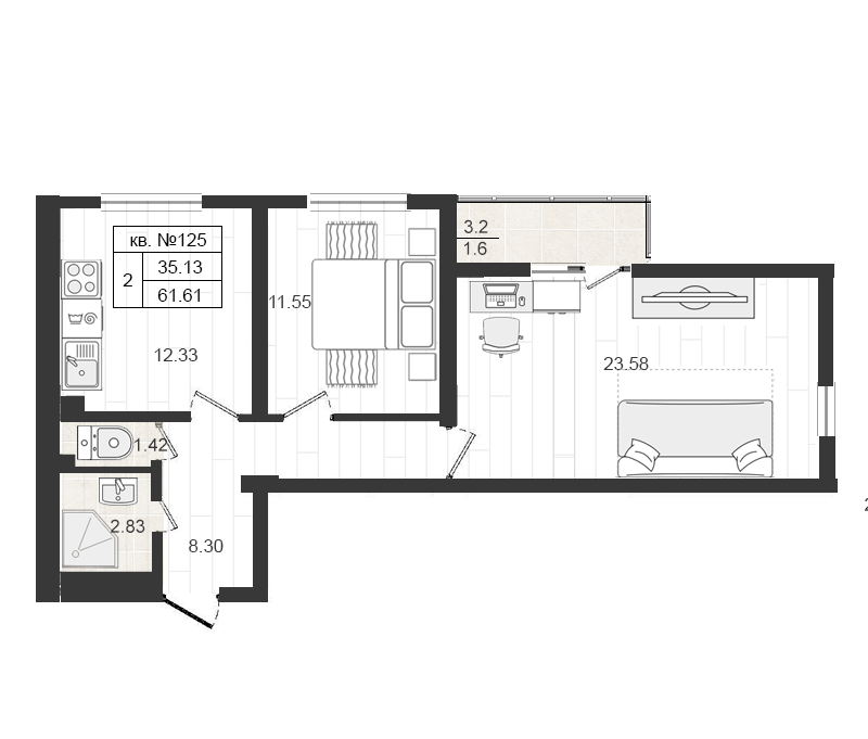 Продажа 2-комнатной квартиры 61.61 м2, 4/4 этаж в ЖК «Верево-сити» - план-схема
