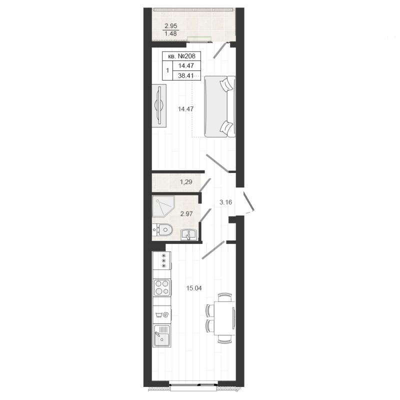 Продажа 2-комнатной (Евро) квартиры 38.41 м2, 4/4 этаж в ЖК «Верево-сити» - план-схема
