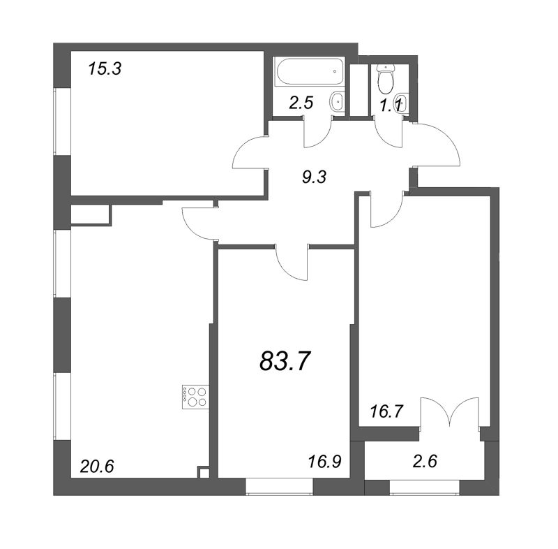 Продажа 3-комнатной квартиры 83.7 м2, 15/19 этаж в ЖК «Цивилизация на Неве» - план-схема