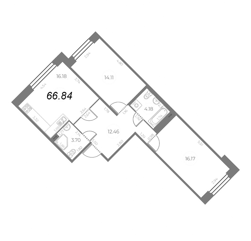 Продажа 2-комнатной квартиры 66.84 м2, 2/13 этаж, ЖК «Огни Залива» - план-схема