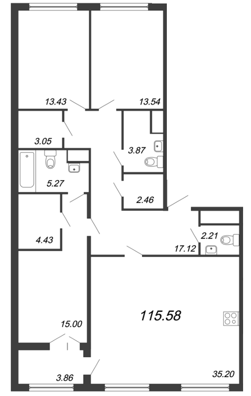 Продажа 4-комнатной (Евро) квартиры 119.1 м2, 2/8 этаж, ЖК «The One» - план-схема