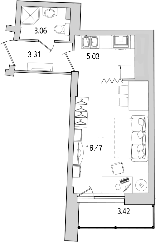 Продажа квартиры-студии 31 м2, 19/26 этаж, ЖК «Байрон» - план-схема