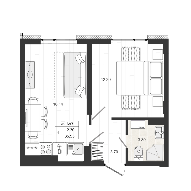 Продажа 2-комнатной (Евро) квартиры 35.53 м2, 1/4 этаж в ЖК «Верево-сити» - план-схема
